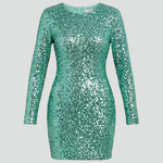 Women's Long Sleeve Mini Dress with Deep V-Neck & Open Back – Textured Bodycon Party Dress