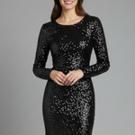 Women's Long Sleeve Mini Dress with Deep V-Neck & Open Back – Textured Bodycon Party Dress