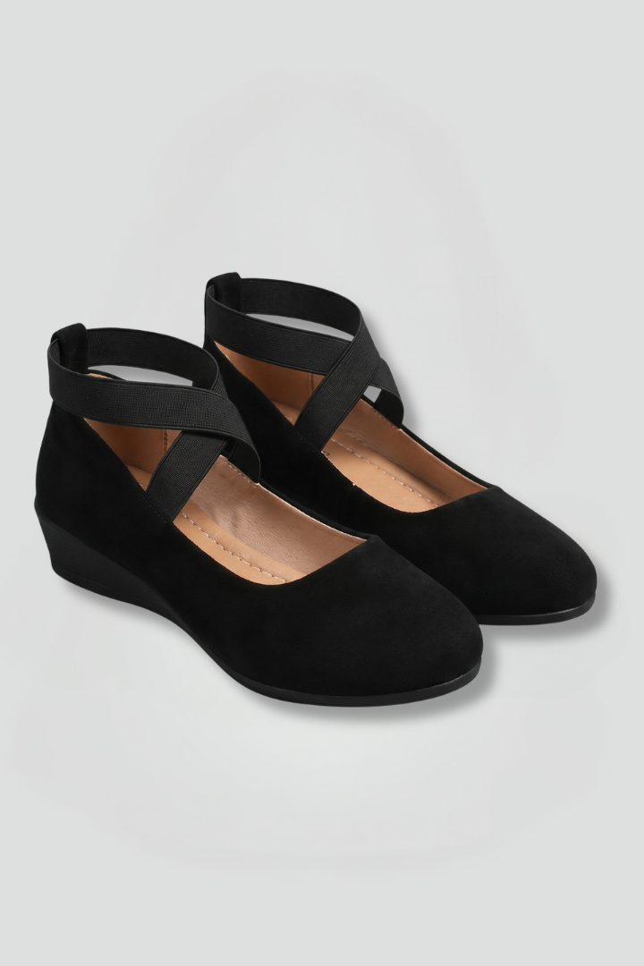 Women's Slip-On Comfort Flat Shoes with Elastic Straps and Low Wedge – Everyday Walking Shoes