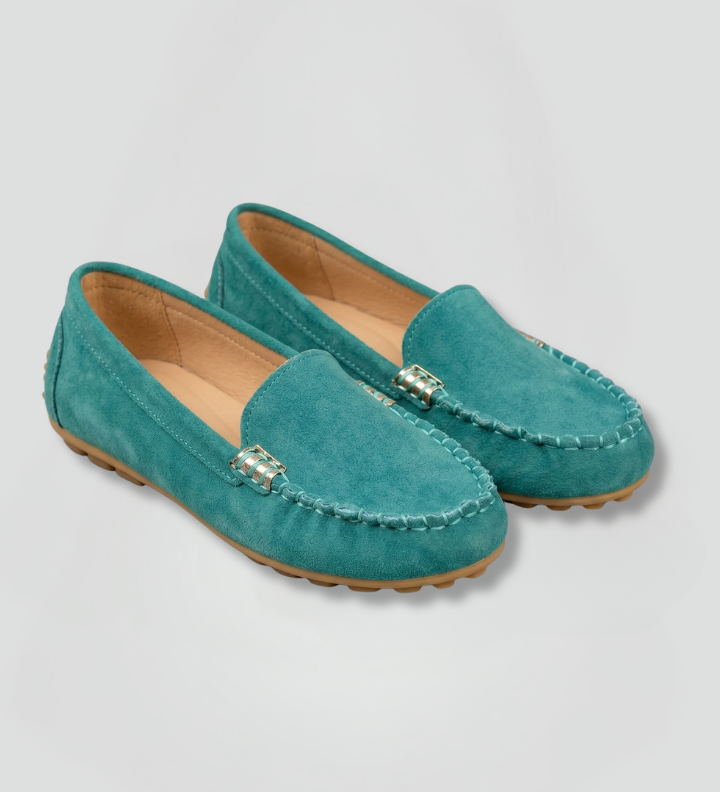 Women's Suede-Look Slip-On Loafers with Apron Toe and Metal Accent – Comfort Flats for Everyday Wear