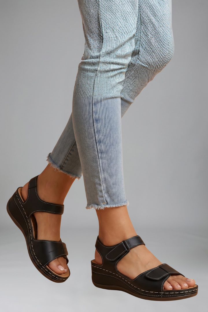Women's Wedge Sandals with Adjustable Hook-and-Loop Straps & Cushioned Footbed – Summer
