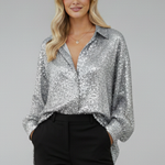 Women's Shimmer Oversized Blouse – Long Sleeve Sparkle Top for Parties & Evening