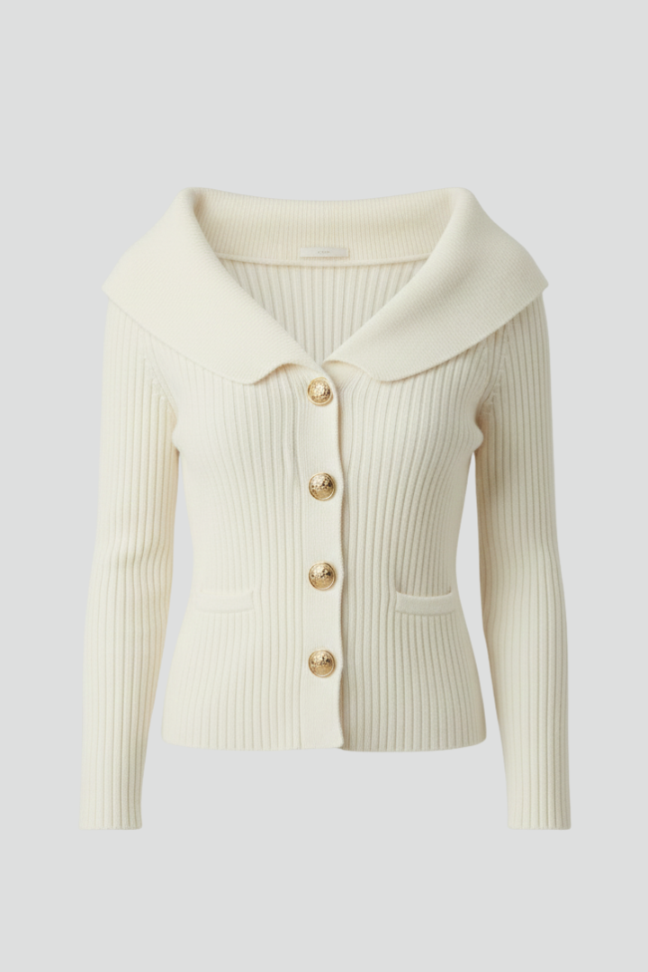 Women's Ribbed Knit Cardigan with Wide Foldover Neckline & Button Front – Beige Layering Knit