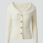 Women's Ribbed Knit Cardigan with Wide Foldover Neckline & Button Front – Beige Layering Knit