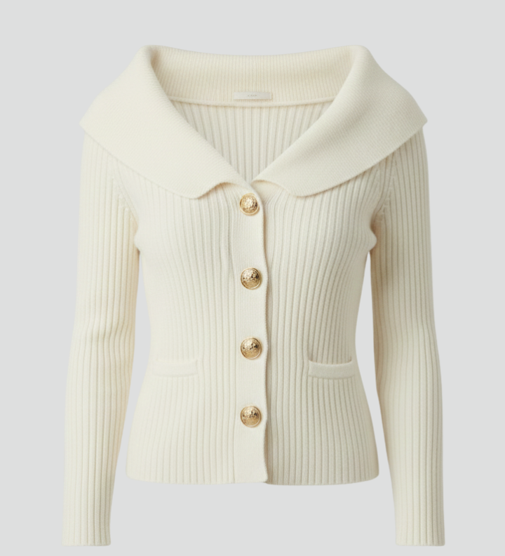 Women's Ribbed Knit Cardigan with Wide Foldover Neckline & Button Front – Beige Layering Knit