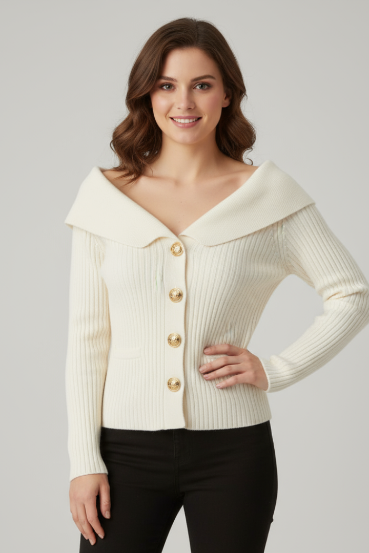 Women's Ribbed Knit Cardigan with Wide Foldover Neckline & Button Front – Beige Layering Knit