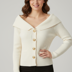 Women's Ribbed Knit Cardigan with Wide Foldover Neckline & Button Front – Beige Layering Knit