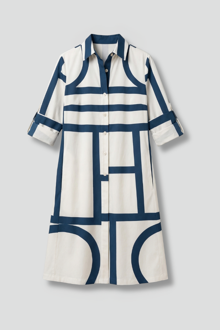 Women's Shirt Dress with Collar & Long Sleeves – Geometric Print Button-Front Knee-Length Dress