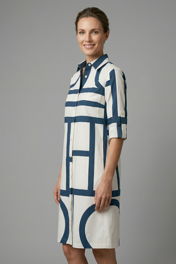 Women's Shirt Dress with Collar & Long Sleeves – Geometric Print Button-Front Knee-Length Dress