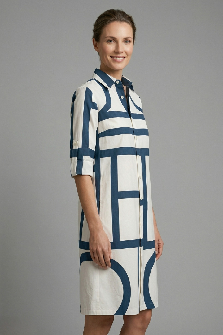 Women's Shirt Dress with Collar & Long Sleeves – Geometric Print Button-Front Knee-Length Dress