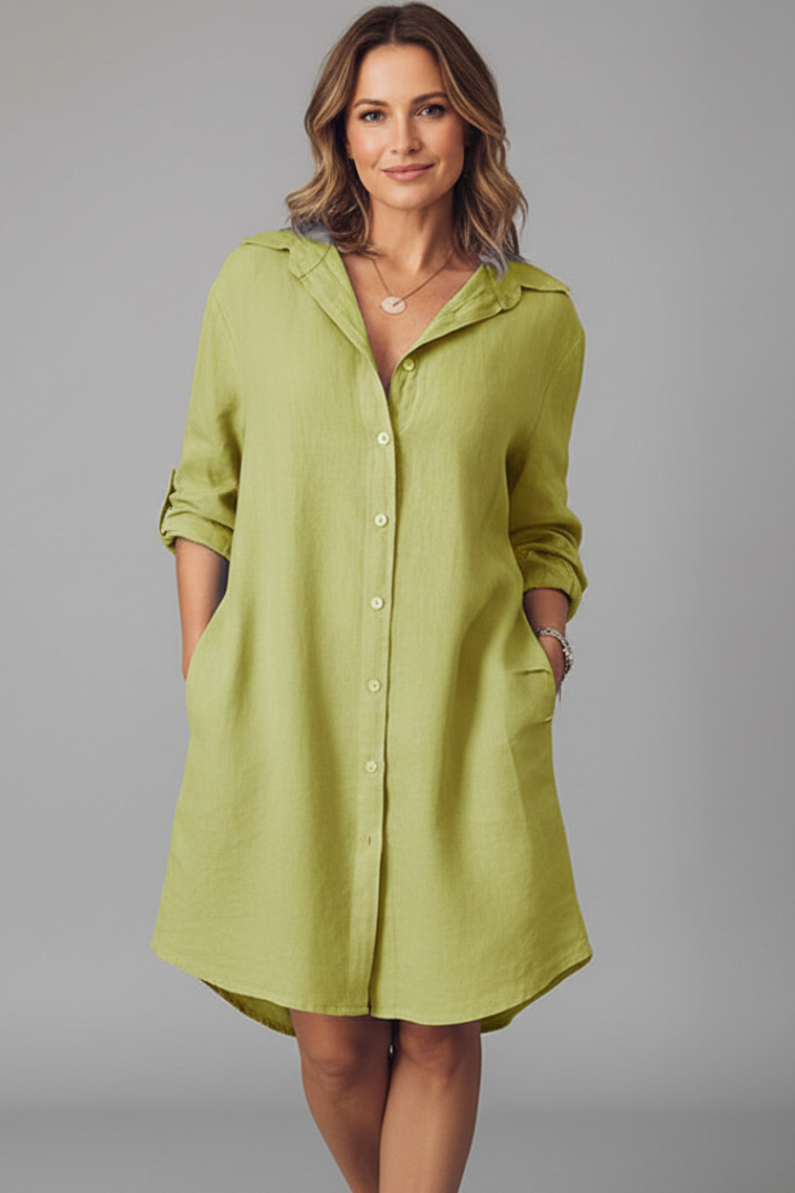 Women's Button-Front Shirt Dress with Collar & Long Sleeves – Short Casual Dress with Pockets