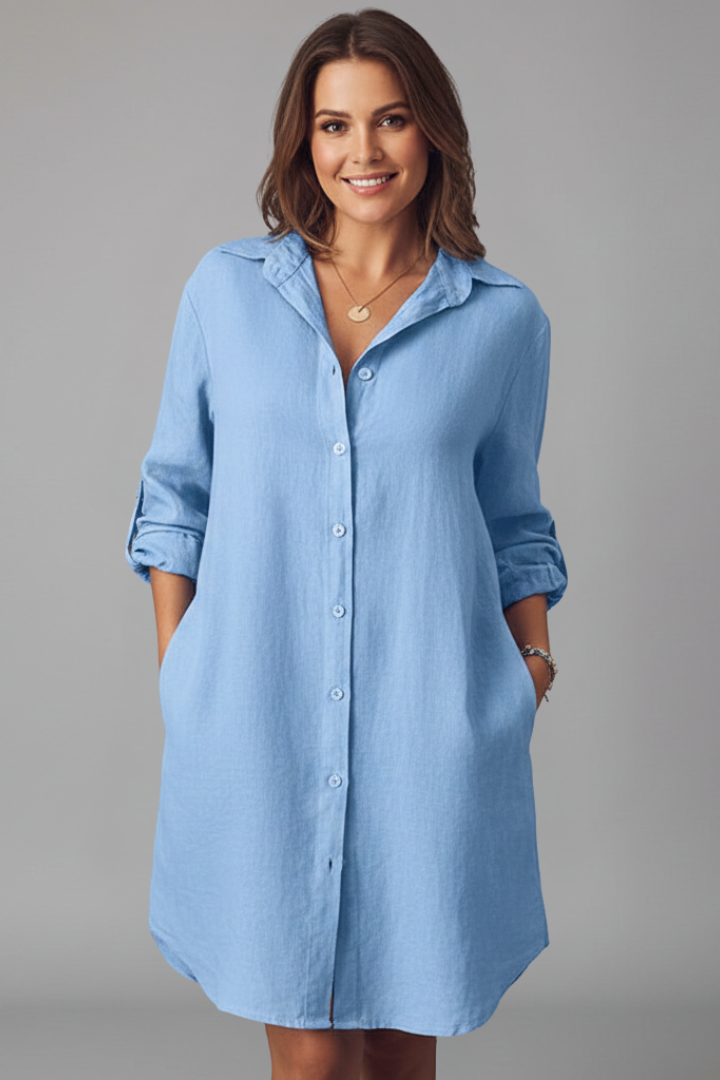 Women's Button-Front Shirt Dress with Collar & Long Sleeves – Short Casual Dress with Pockets