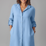 Women's Button-Front Shirt Dress with Collar & Long Sleeves – Short Casual Dress with Pockets