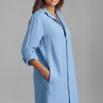 Women's Button-Front Shirt Dress with Collar & Long Sleeves – Short Casual Dress with Pockets