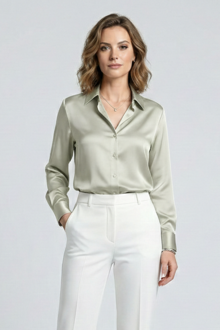 Women's Collared Button-Up Shirt with Long Sleeves – Classic Blouse for Work & Smart Casual