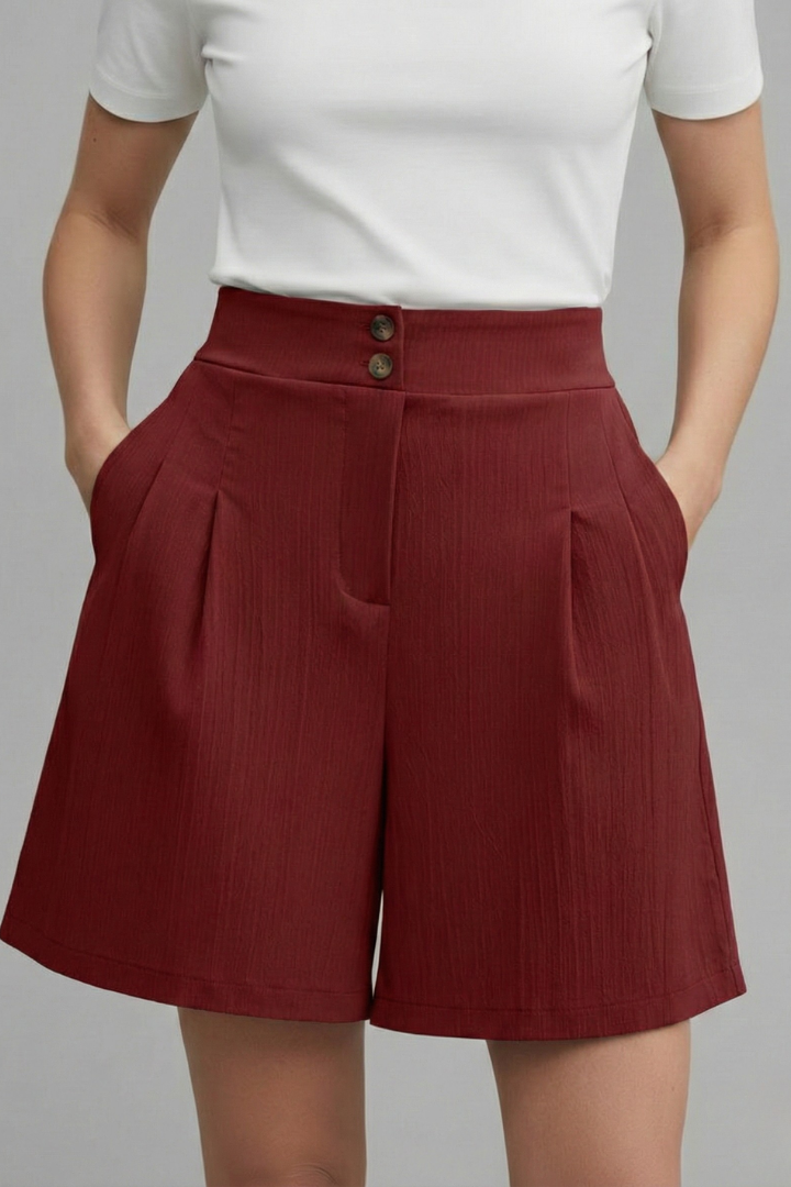 Women's High-Waist Pleated Shorts with Button Waist & Pockets – Knee-Length Tailored Shorts