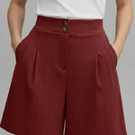 Women's High-Waist Pleated Shorts with Button Waist & Pockets – Knee-Length Tailored Shorts