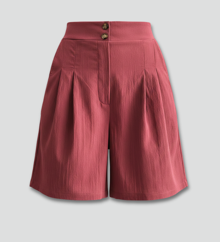 Women's High-Waist Pleated Shorts with Button Waist & Pockets – Knee-Length Tailored Shorts