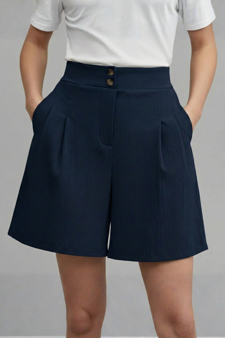 Women's High-Waist Pleated Shorts with Button Waist & Pockets – Knee-Length Tailored Shorts