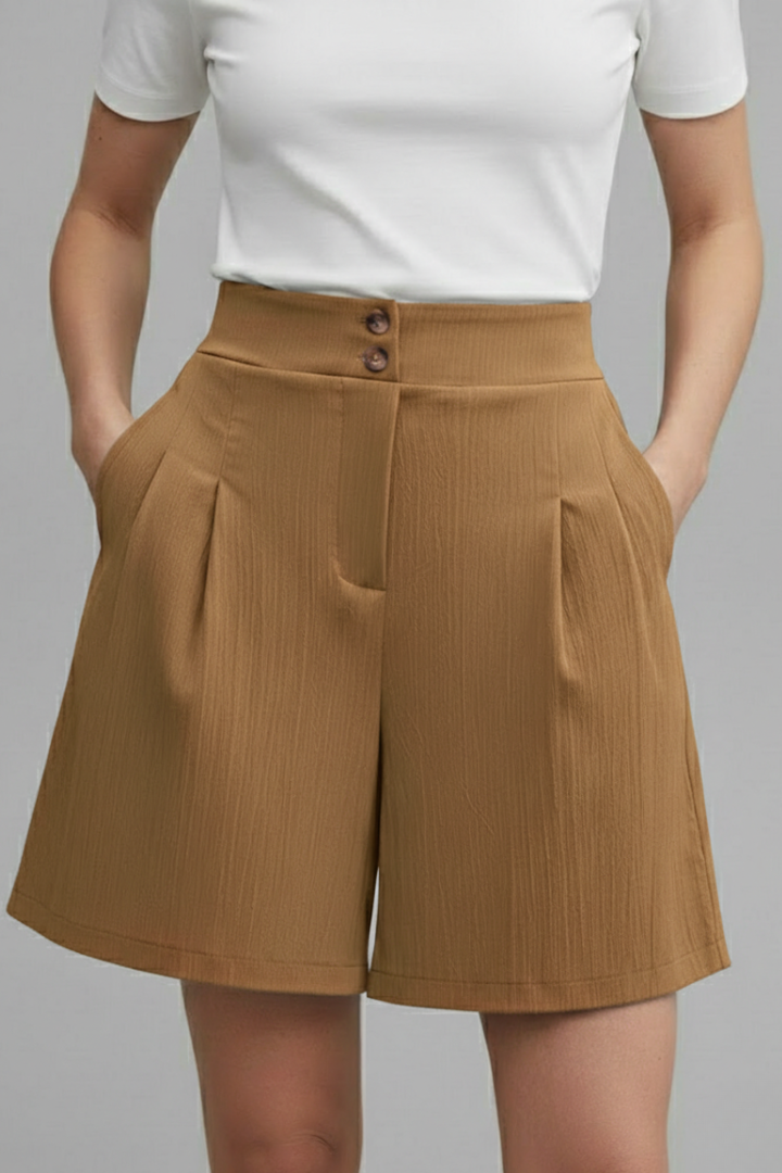 Women's High-Waist Pleated Shorts with Button Waist & Pockets – Knee-Length Tailored Shorts