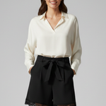 Women's High Waisted Tie Belt Shorts with Lace Trim Hem & Side Pockets – Black Summer Shorts