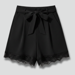 Women's High Waisted Tie Belt Shorts with Lace Trim Hem & Side Pockets – Black Summer Shorts