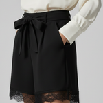 Women's High Waisted Tie Belt Shorts with Lace Trim Hem & Side Pockets – Black Summer Shorts