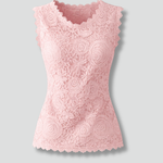 Women's Sleeveless Floral Lace V-Neck Blouse with Scalloped Trim – Summer Top for Work & Events