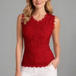 Women's Sleeveless Floral Lace V-Neck Blouse with Scalloped Trim – Summer Top for Work & Events