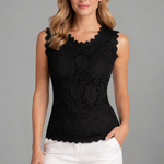 Women's Sleeveless Floral Lace V-Neck Blouse with Scalloped Trim – Summer Top for Work & Events