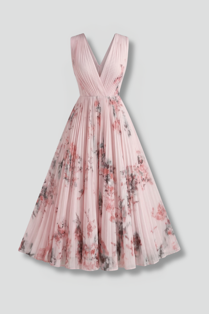 Women's Sleeveless V-Neck Pleated Midi Dress – Printed Summer Day and Brunch Dress