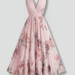 Women's Sleeveless V-Neck Pleated Midi Dress – Printed Summer Day and Brunch Dress