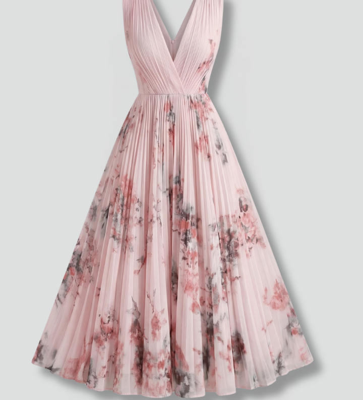 Women's Sleeveless V-Neck Pleated Midi Dress – Printed Summer Day and Brunch Dress