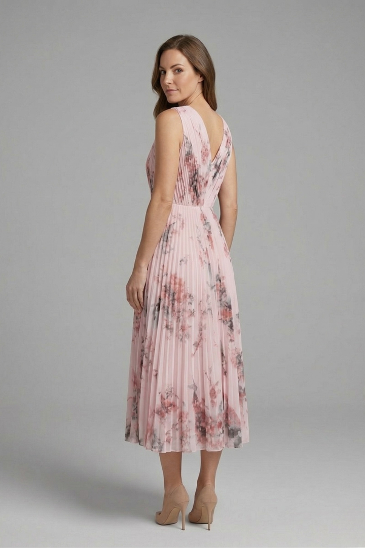 Women's Sleeveless V-Neck Pleated Midi Dress – Printed Summer Day and Brunch Dress