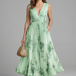 Women's Sleeveless V-Neck Pleated Midi Dress – Printed Summer Day and Brunch Dress