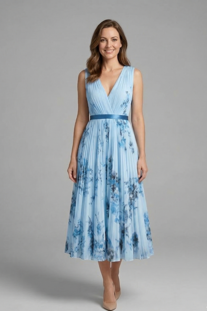 Women's Sleeveless V-Neck Pleated Midi Dress – Printed Summer Day and Brunch Dress