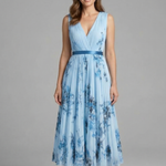 Women's Sleeveless V-Neck Pleated Midi Dress – Printed Summer Day and Brunch Dress