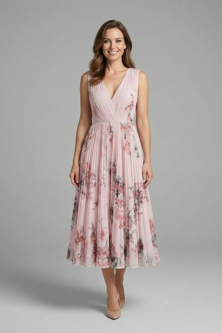 Women's Sleeveless V-Neck Pleated Midi Dress – Printed Summer Day and Brunch Dress