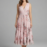 Women's Sleeveless V-Neck Pleated Midi Dress – Printed Summer Day and Brunch Dress