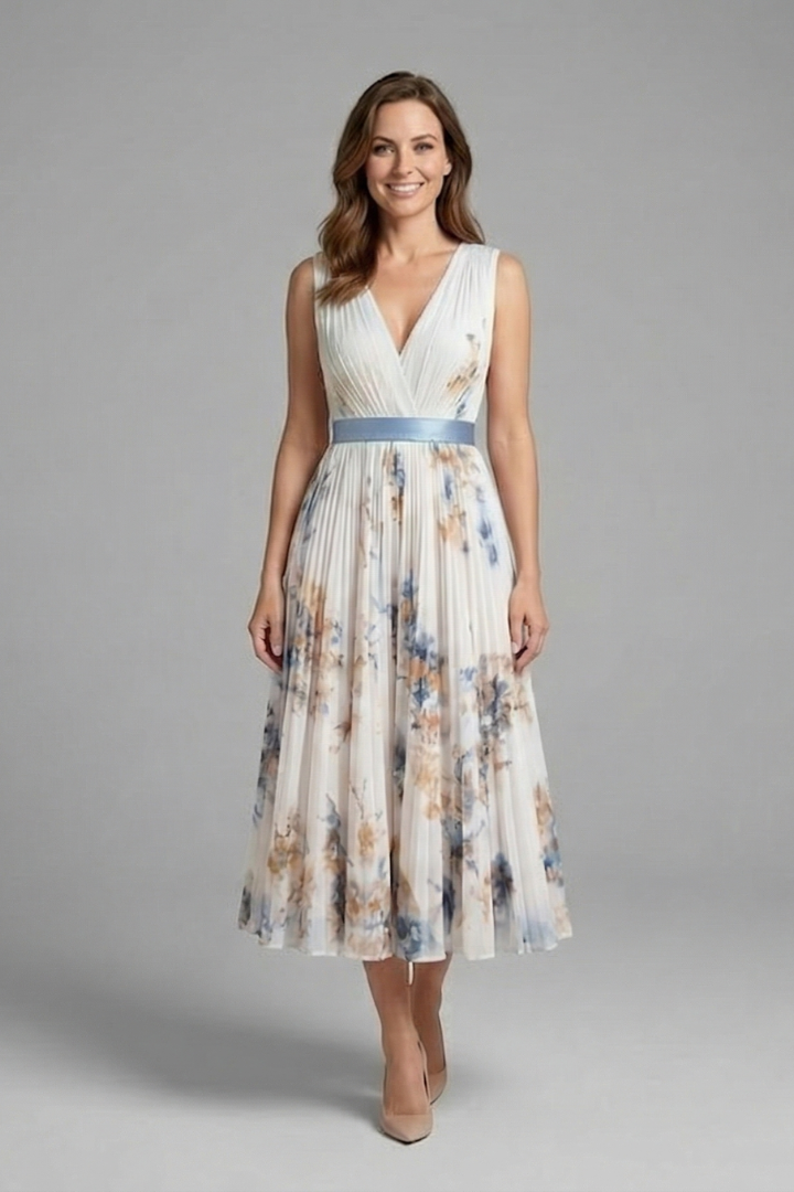 Women's Sleeveless V-Neck Pleated Midi Dress – Printed Summer Day and Brunch Dress