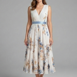 Women's Sleeveless V-Neck Pleated Midi Dress – Printed Summer Day and Brunch Dress