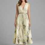 Women's Sleeveless V-Neck Pleated Midi Dress – Printed Summer Day and Brunch Dress
