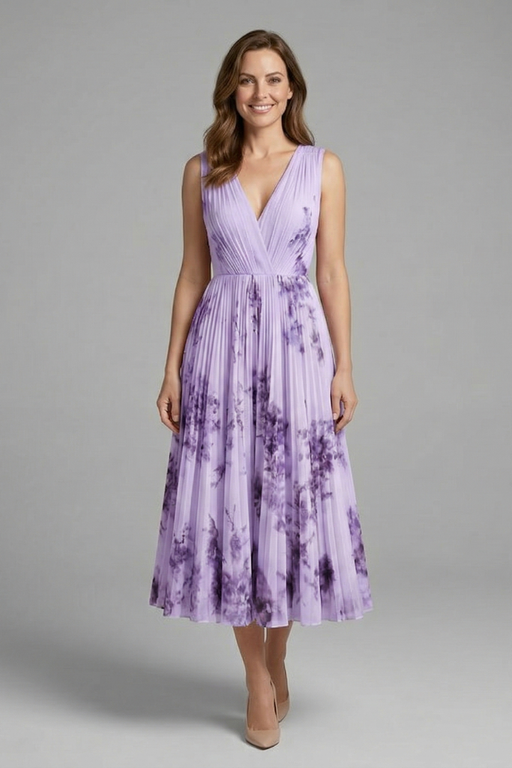 Women's Sleeveless V-Neck Pleated Midi Dress – Printed Summer Day and Brunch Dress
