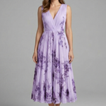 Women's Sleeveless V-Neck Pleated Midi Dress – Printed Summer Day and Brunch Dress