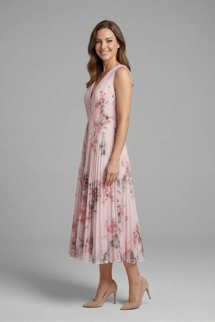 Women's Sleeveless V-Neck Pleated Midi Dress – Printed Summer Day and Brunch Dress