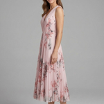 Women's Sleeveless V-Neck Pleated Midi Dress – Printed Summer Day and Brunch Dress