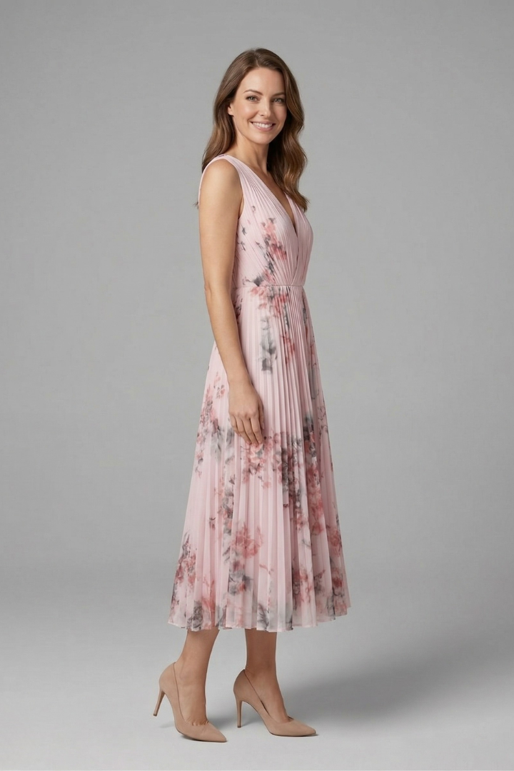Women's Sleeveless V-Neck Pleated Midi Dress – Printed Summer Day and Brunch Dress