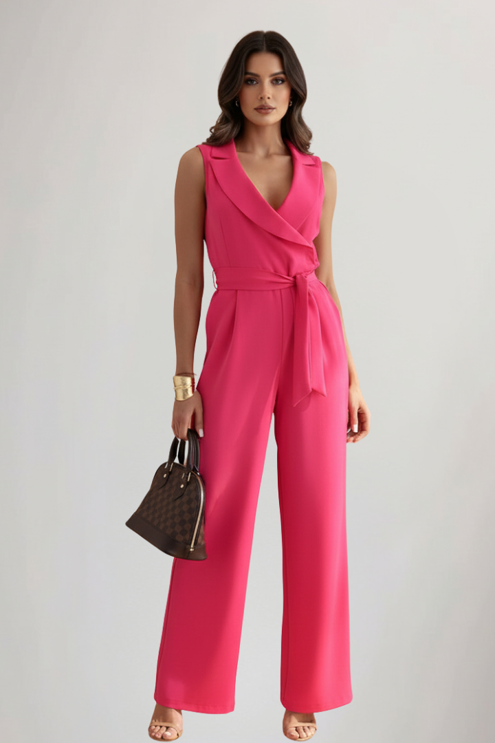 Women's Sleeveless V-Neck Wide Leg Jumpsuit with Tie Waist – Summer Occasion Jumpsuit