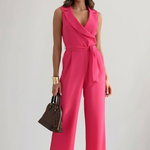 Women's Sleeveless V-Neck Wide Leg Jumpsuit with Tie Waist – Summer Occasion Jumpsuit