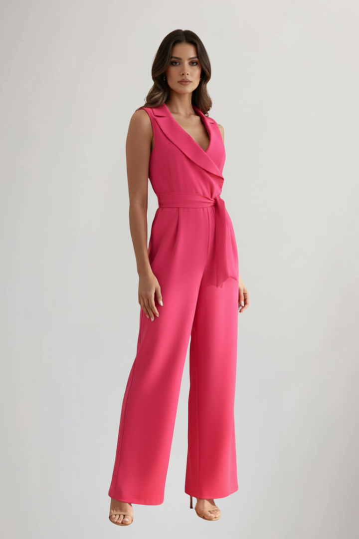 Women's Sleeveless V-Neck Wide Leg Jumpsuit with Tie Waist – Summer Occasion Jumpsuit